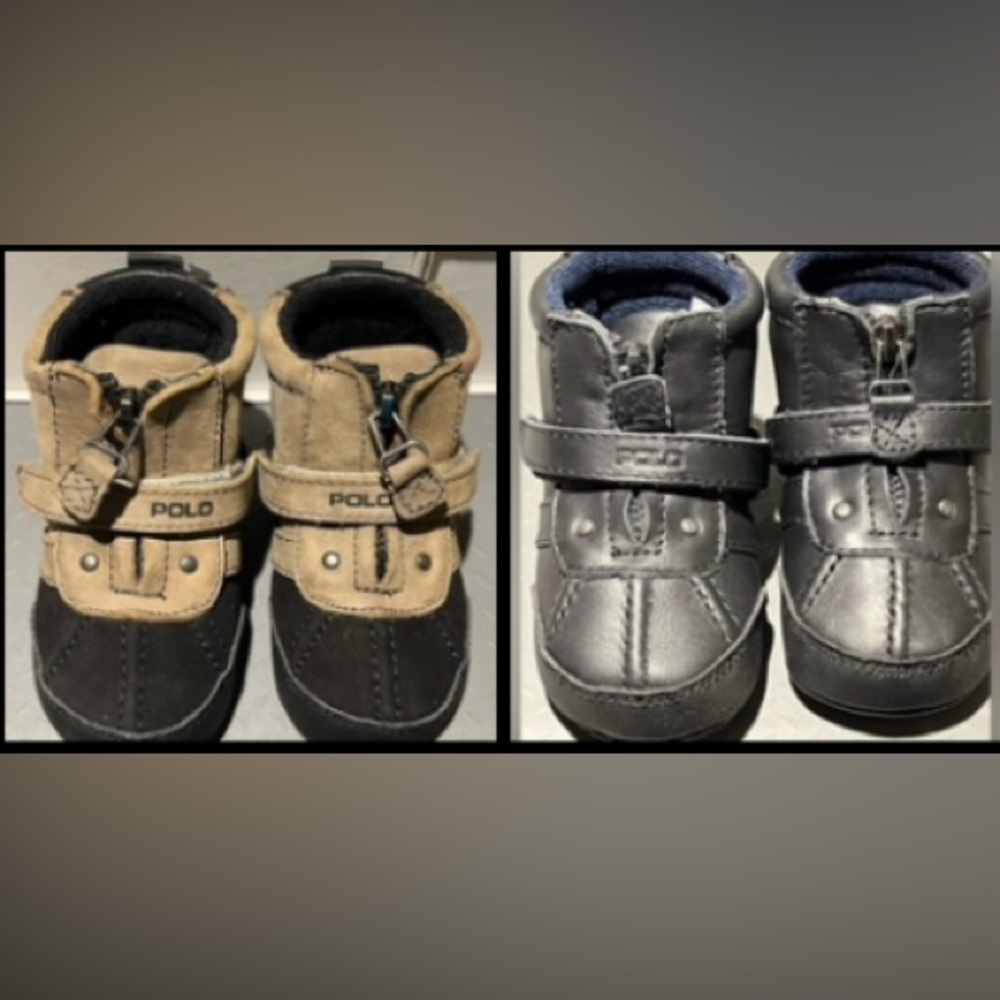 Polo Ralph Lauren Baby Boots 2 pair Taupe Brown Black Leather Zip Sz 4 9-12 mo